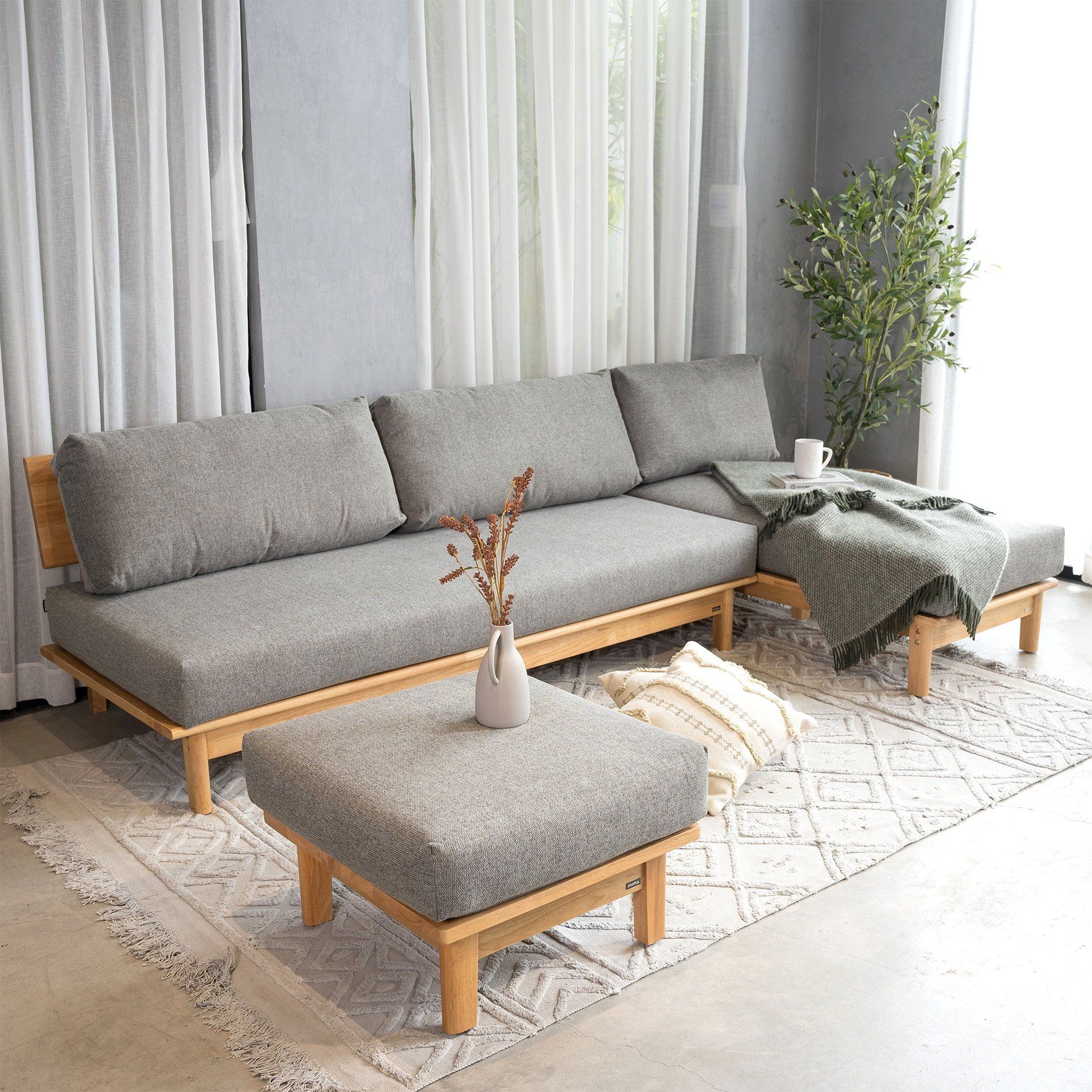 Ghế Sofa Góc Chữ L Gỗ Cao Su Tự Nhiên MOHO VLINE 601 Kèm Đôn