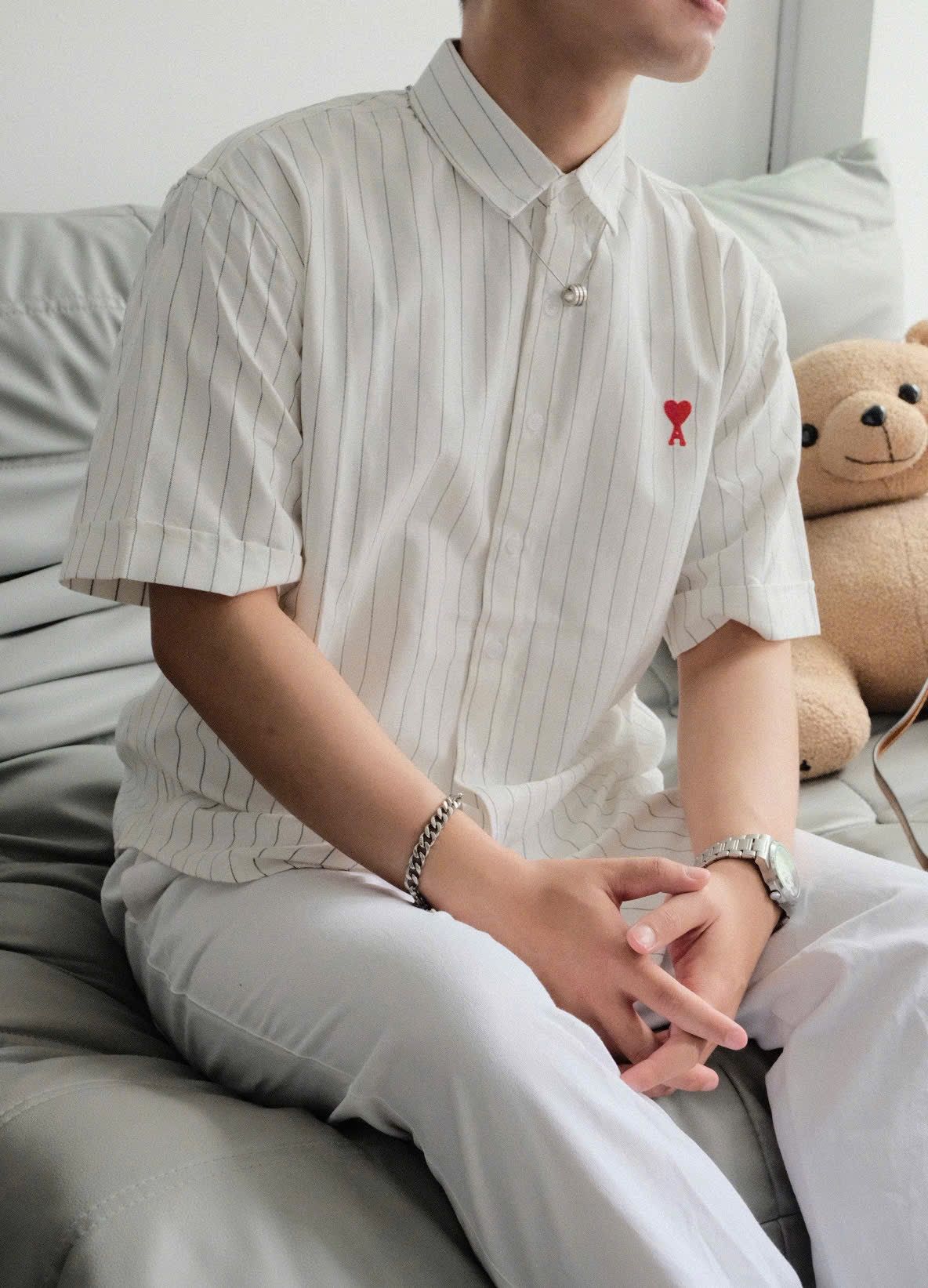 ÁO SƠ MI AMI PARIS STRIPE SHORT SLEEVE (WHITE)