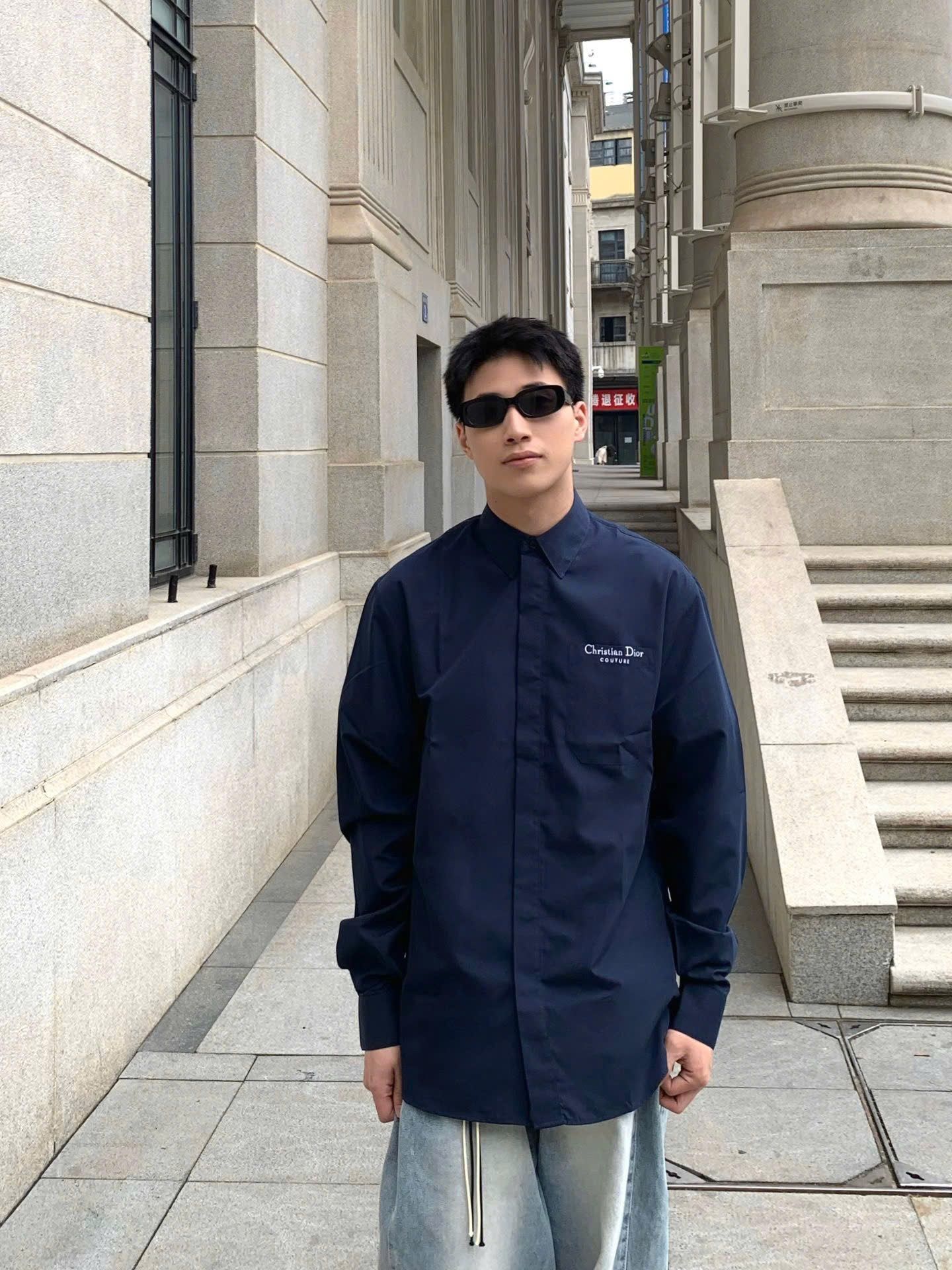 ÁO SƠ MI DIOR COUTURE EMBROIDERY LETTERING (BLUE)