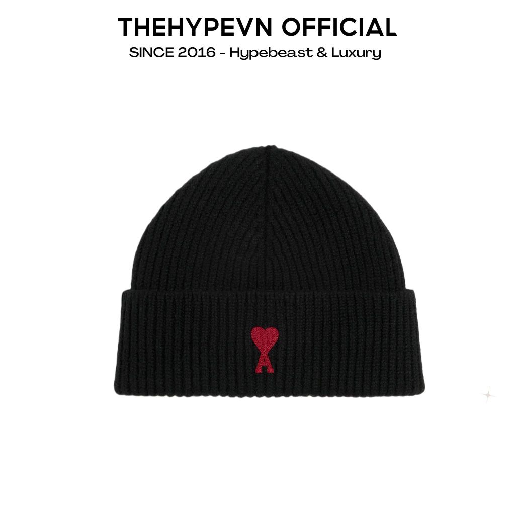 MŨ BEANIE AMI PARIS LOGO BLACK WOOL