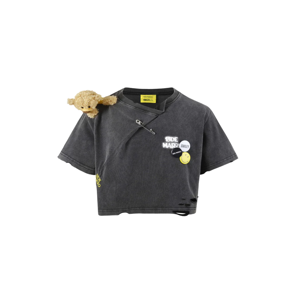 Áo Thun Croptop 13De Marzo Broken Pin Badge Bear (Black) Best Quality