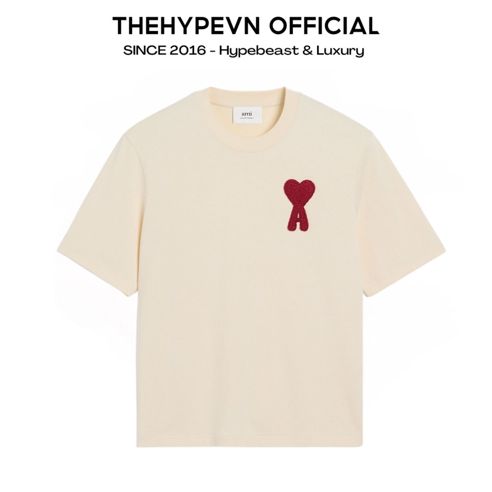 ÁO THUN AMI PARIS RED CHEST EMBROIDERED (BEIGE)