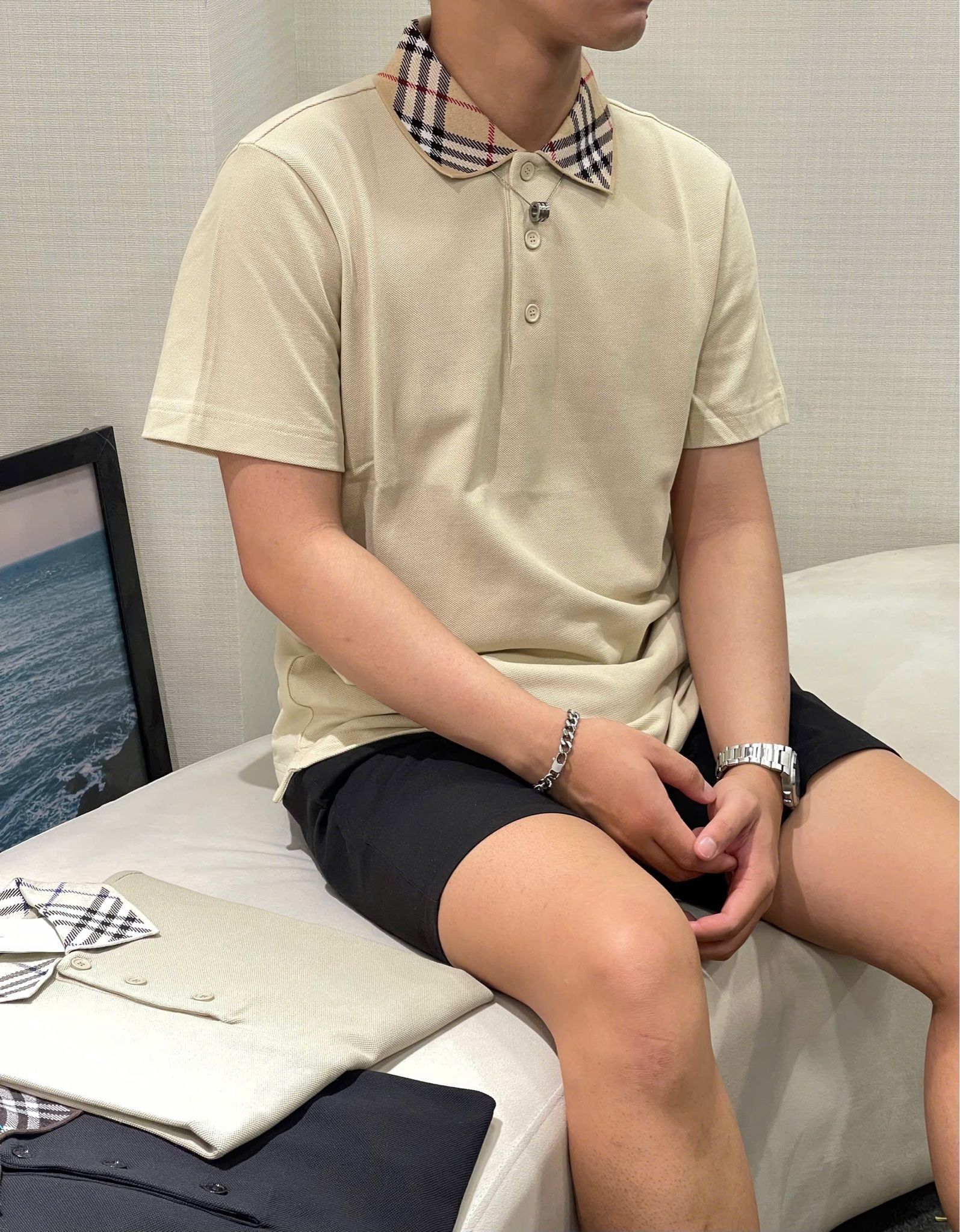 ÁO POLO BURBERRY BBR WOVEN COLLAR (NEUTRAL)