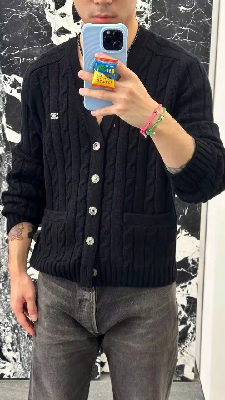ÁO CARDIGAN CELINE TRIOMPHE CABLE KNIT CASHMERE (BLACK)