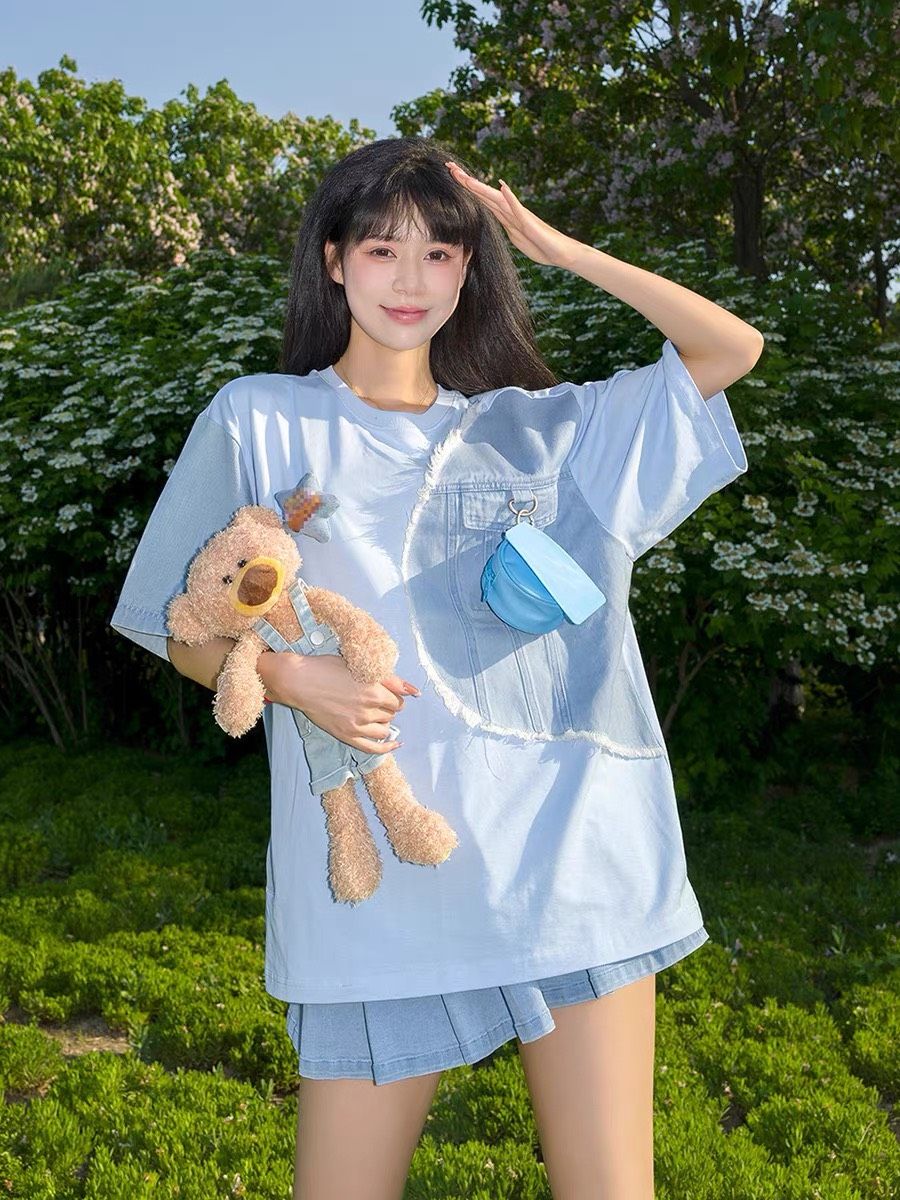 13DE MARZO TEE - Áo Thun Pop Mart Parda Bear Denim Patchwork (Blue) Best Quality