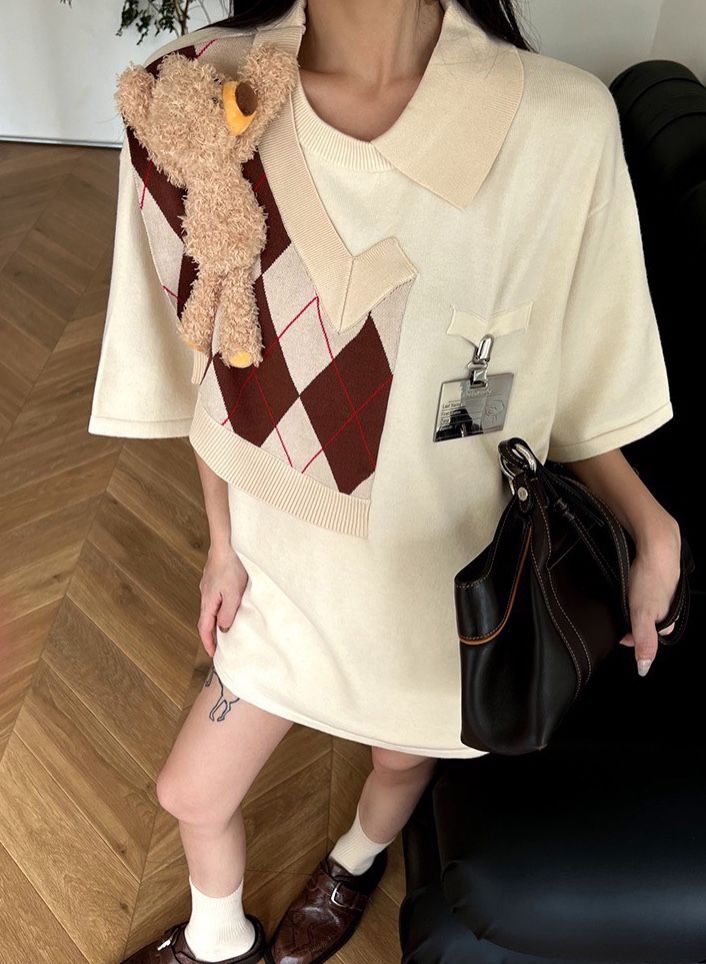 13DE MARZO TEE - Áo Thun BEAR KNIT PATCH PAPYRUS (Beige) Best Quality