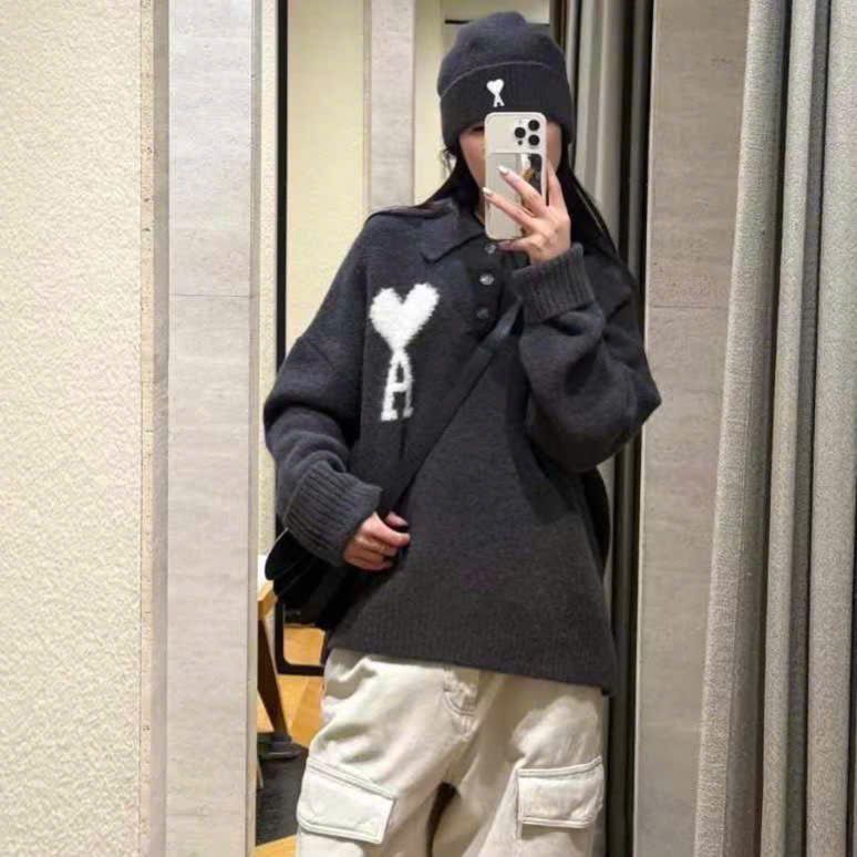 ÁO POLO SWEATER AMI PARIS ALPACA HEART (DARK GREY)