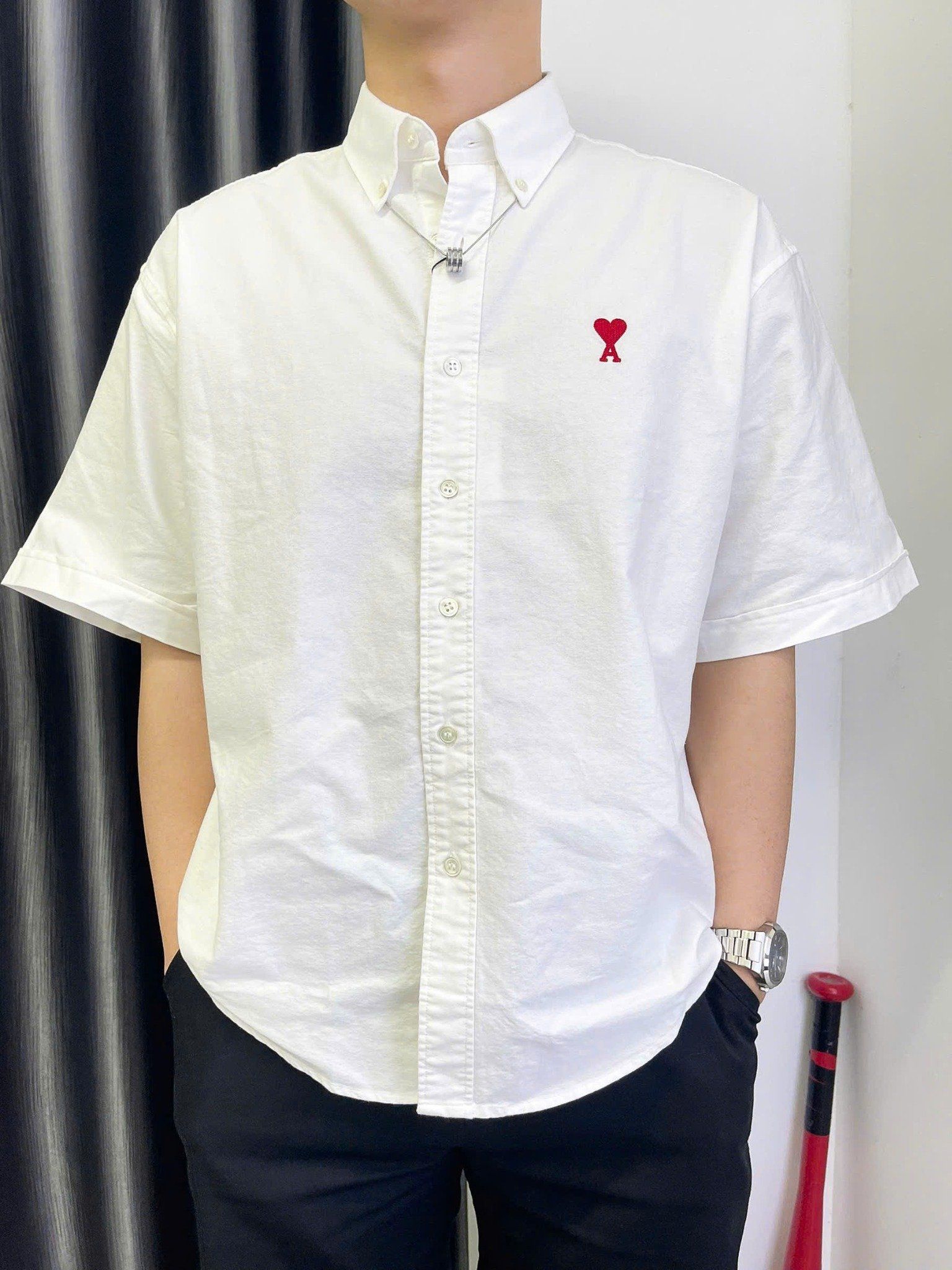 ÁO SƠ MI AMI PARIS BOXY SHORT SLEEVE OXFORD (CRAIE)