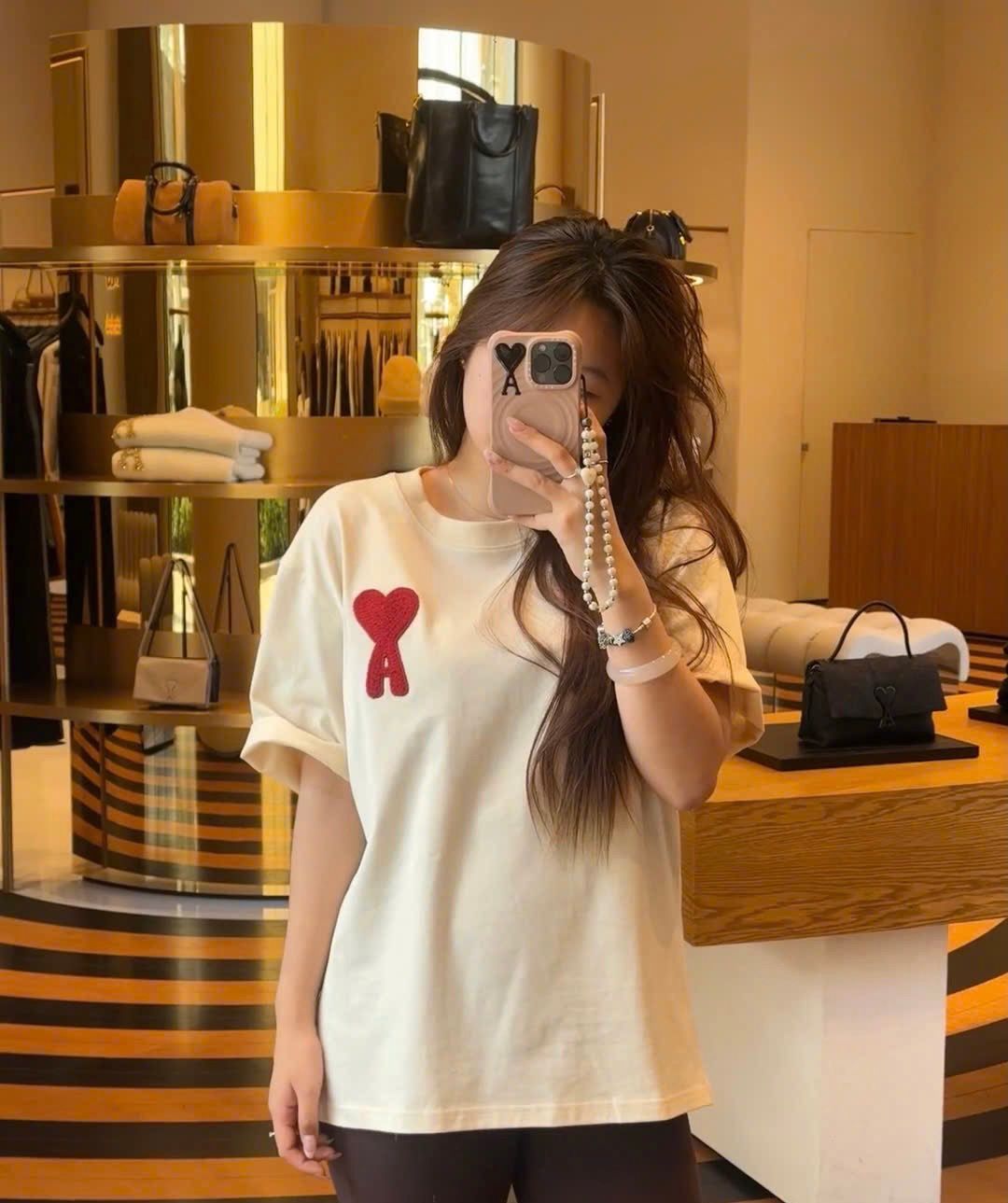 ÁO THUN AMI PARIS RED CHEST EMBROIDERED (BEIGE)