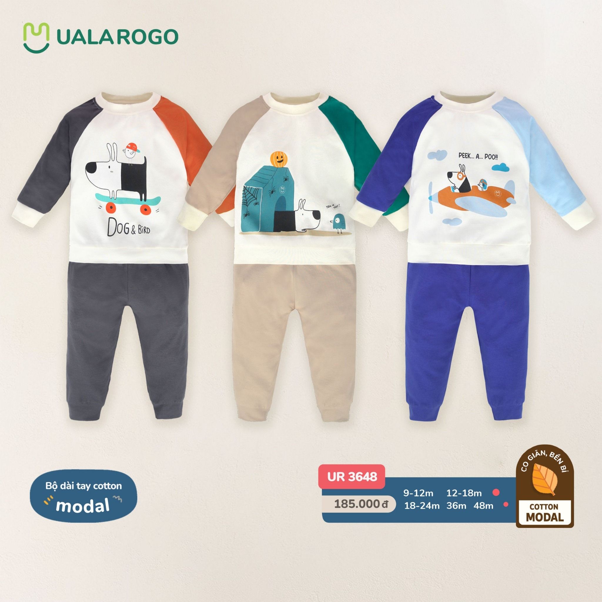 Bộ Dài Tay Cotton Modal Họa Tiết Cún Cưng Và Chim Nhỏ UR 3648
