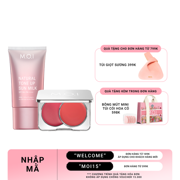 Bộ Đôi Kem Chống Nắng Nâng Tông Tự Nhiên M.O.I 40ml Và Má Hồng Kem 2 Màu