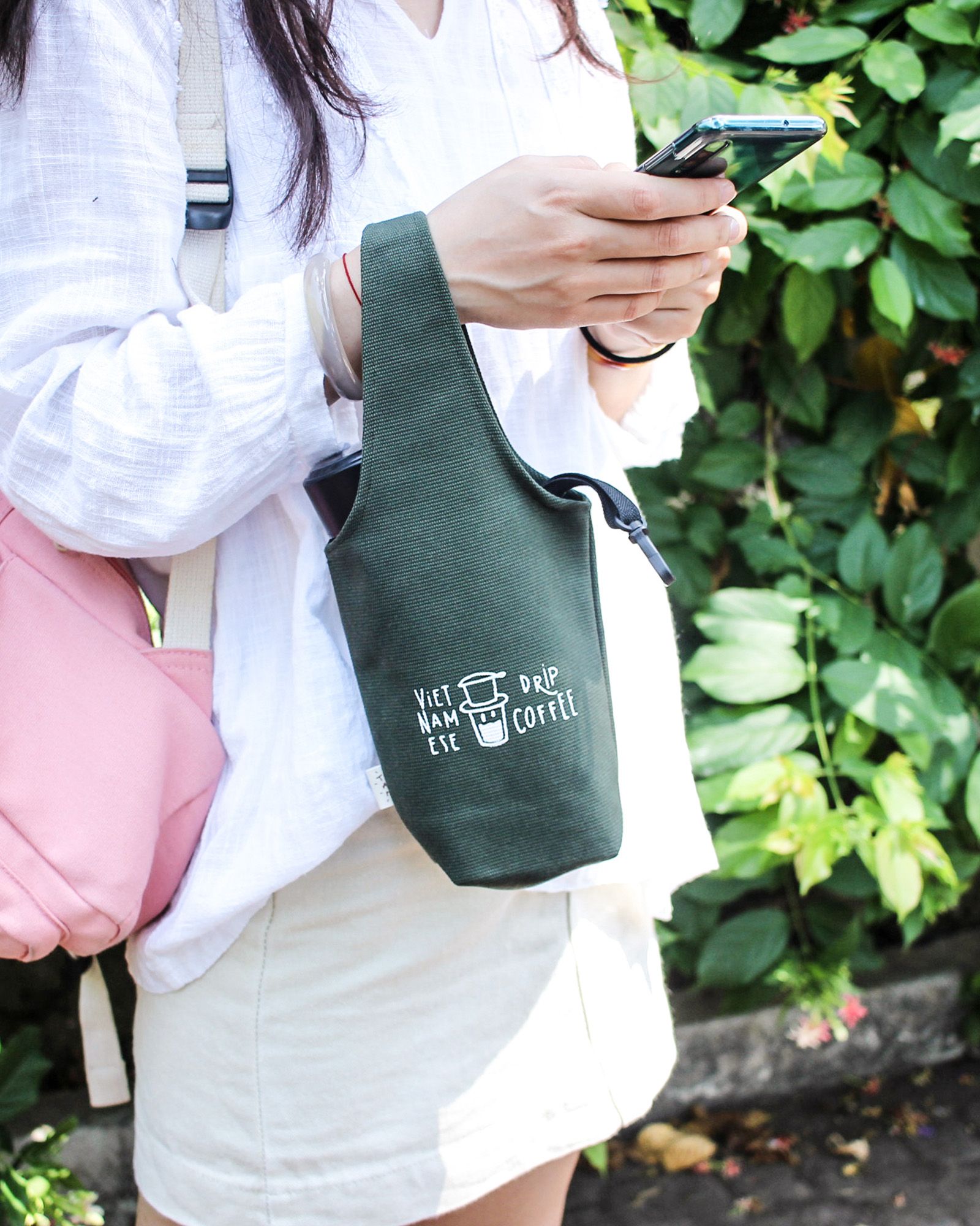 Green - Drip Coffee Canvas One-strap Cup Holder