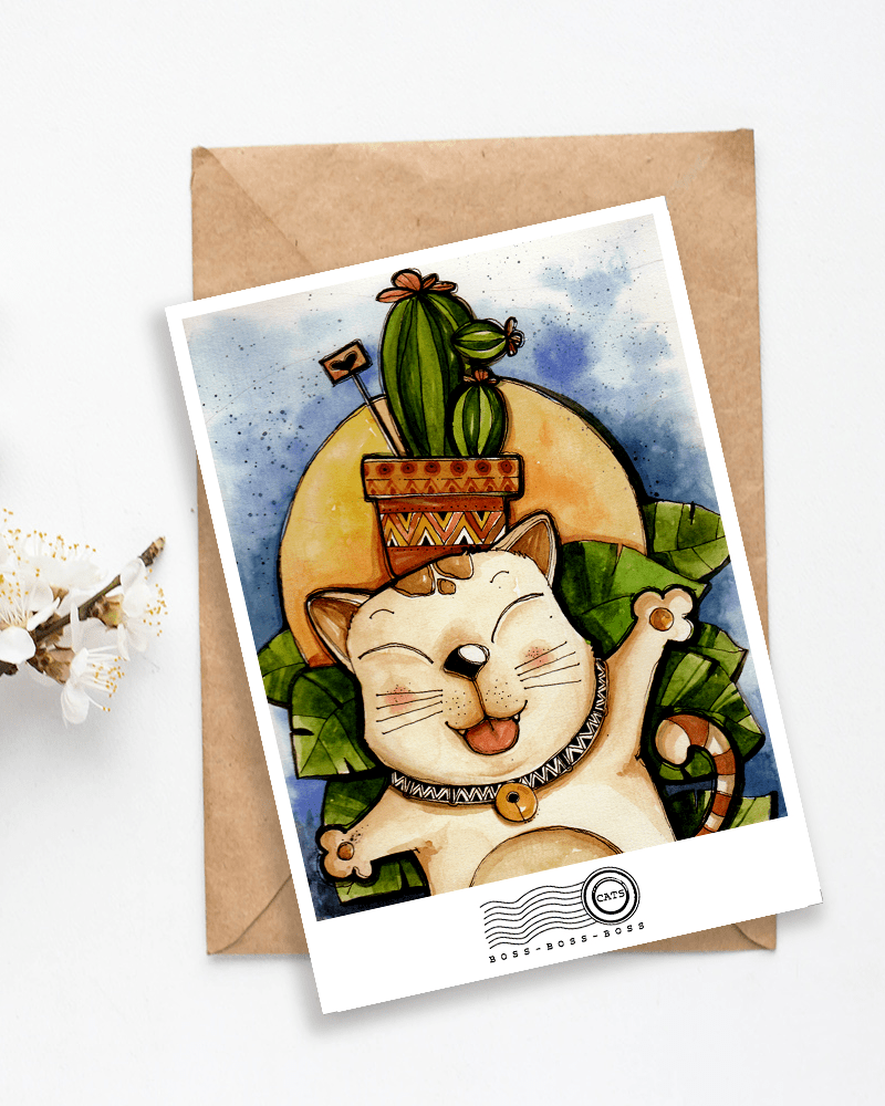  Cactus Cat Postcard - Mèo Xương Rồng 