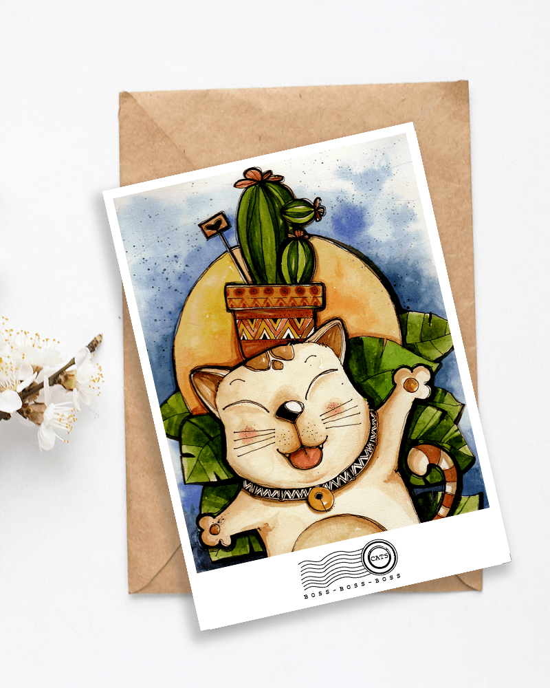 Cactus Cat Postcard - Mèo Xương Rồng