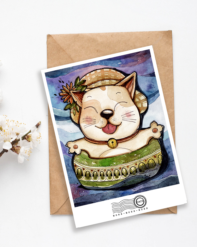 Swimming Cat Postcard - Mèo Bơi Phao