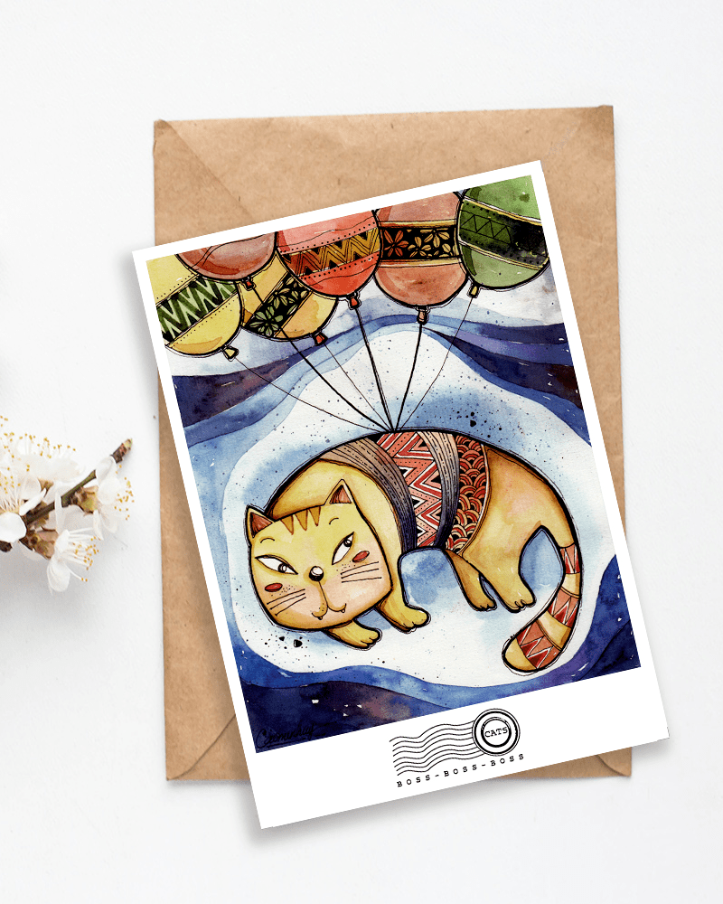 Balloon Cat Postcard - Mèo Bóng Bay