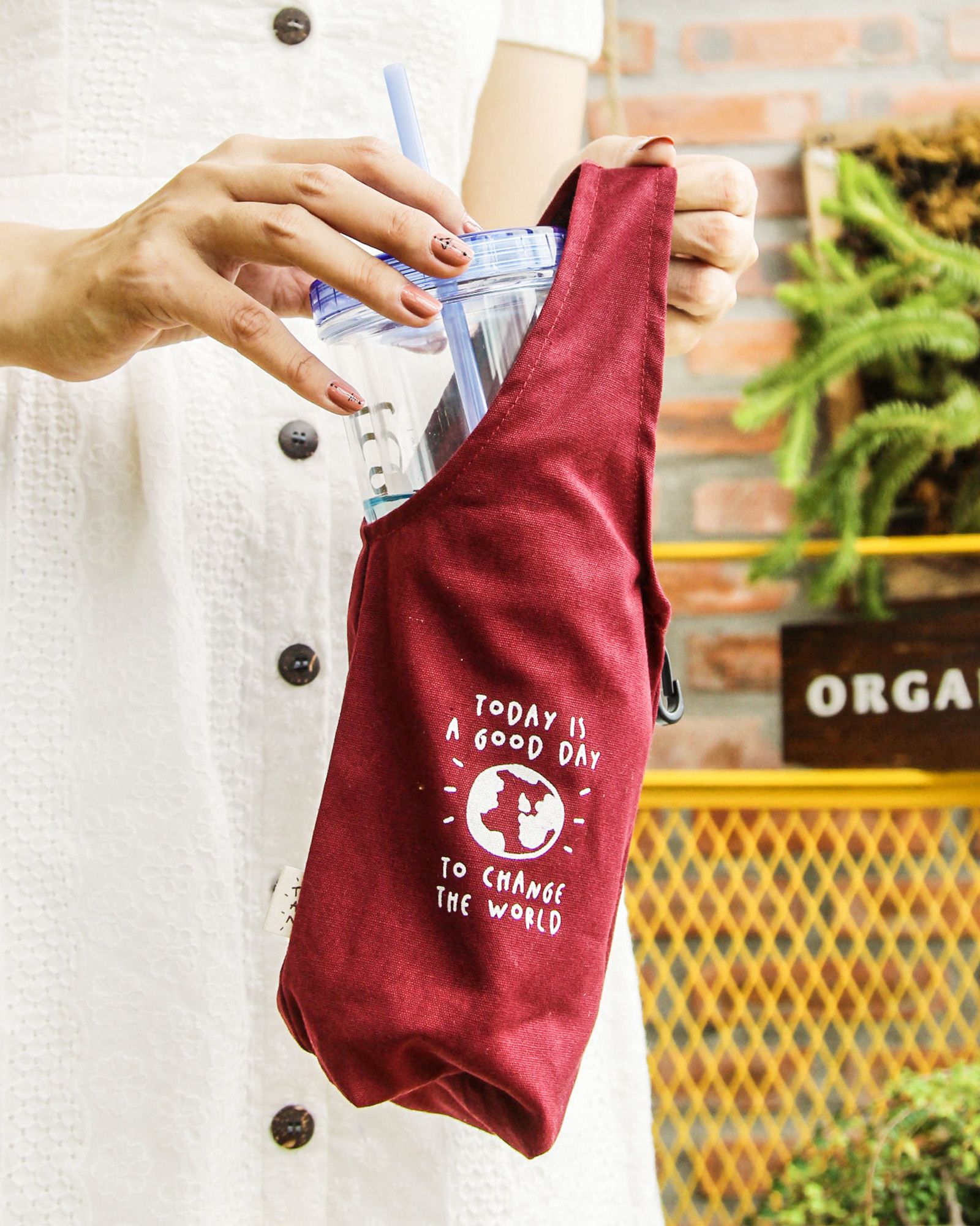 Red - Today Is A Good Day To Change The World Canvas One-strap Cup Holder