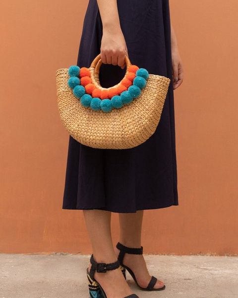  Water Hyacinth Hand Bag with Pompom 