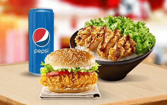 Combo 1 cơm Phi-lê gà quay tiêu + 1 Burger gà quay Flava + Pepsi/Milo (combo cơm C)