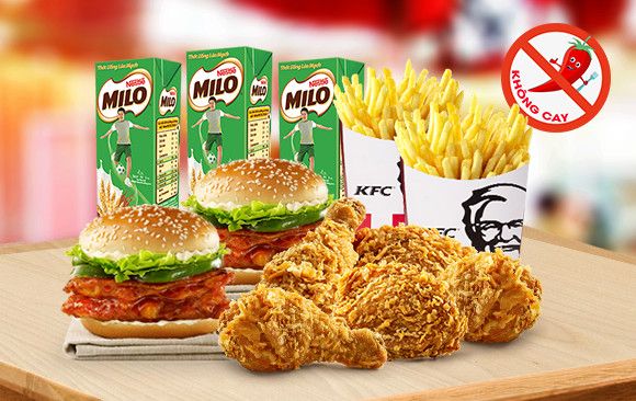 Combo 5 miếng gà giòn + 2 Burger Zinger + 2 Khoai tây múi cau (lớn) + 3Pepsi/3Milo (combo gia đình B)