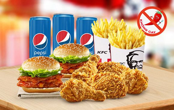 Combo 5 miếng gà giòn + 2 Burger gà quay Flava + 2 Khoai tây múi cau (lớn) + 3Pepsi/3Milo (combo gia đình B)