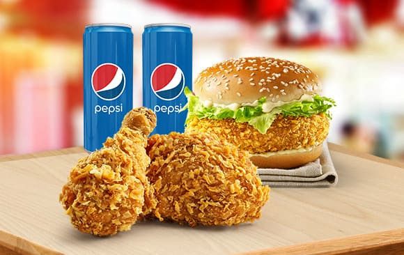 Combo 2 miếng gà truyền thống + 1 Burger Tôm + 2Pepsi/2Milo (combo nhóm A)