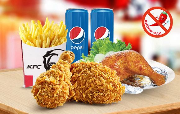 Combo 2 miếng gà truyền thống + 1 miếng gà quay tiêu + Khoai tây chiên (lớn) +2Pepsi/2Milo (combo D)