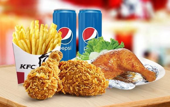 Combo 2 miếng gà giòn không cay + 1 miếng gà quay tiêu + Khoai tây múi cau (lớn) + 2Pepsi/2Milo (combo nhóm D)