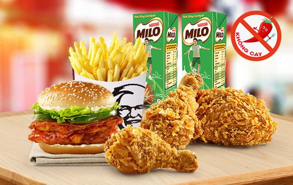 Combo 3 miếng gà giòn không cay + 1 Burger Zinger + Khoai tây chiên (đại ) + 2Pepsi/2Milo (combo nhóm E)