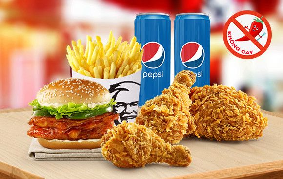 Combo 3 miếng gà giòn cay + 1 Burger Zinger + Khoai tây chiên (đại) + 2Pepsi/2Milo (combo E)