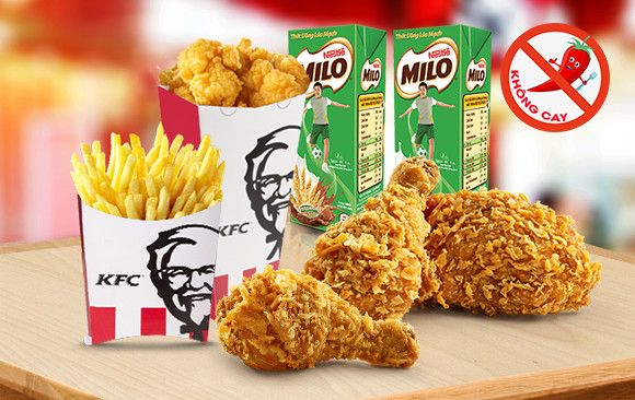 Combo 3 miếng gà giòn cay + Popcorn (lớn) + Khoai tây múi cau (lớn) + 2Pepsi/2Milo (combo nhóm F)