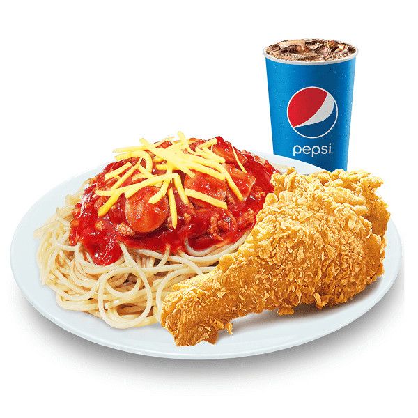 Mì Ý sốt bò bằm (lớn) + 1 Miếng gà rán + Nước ngọt - Jollibee
