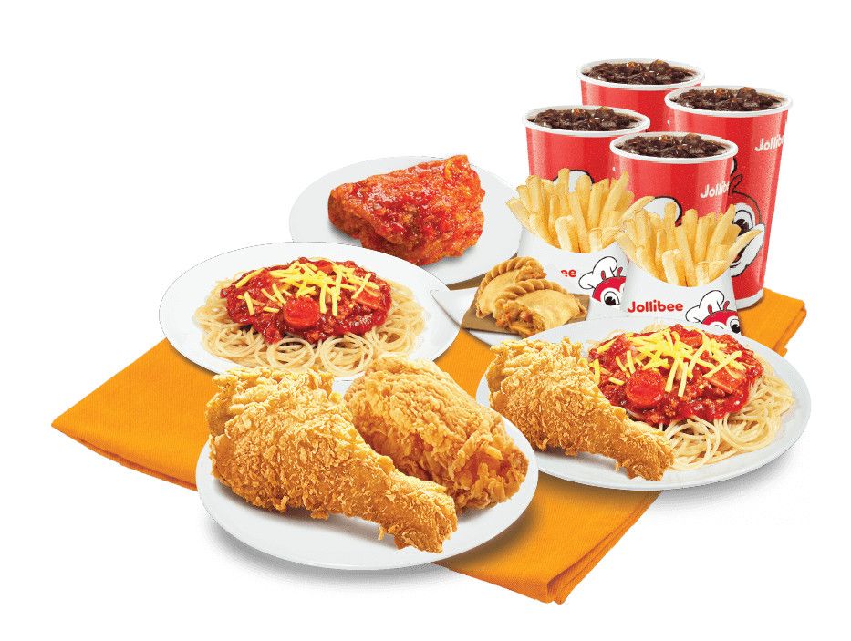 3 Miếng gà giòn vui vẻ + 1 Miếng gà sốt cay + 2 Mì Ý sốt bò bằm + 2 Khoai tây (vừa) + 1 Bánh xếp gà quay + 4 nước ngọt (vừa) - Jollibee