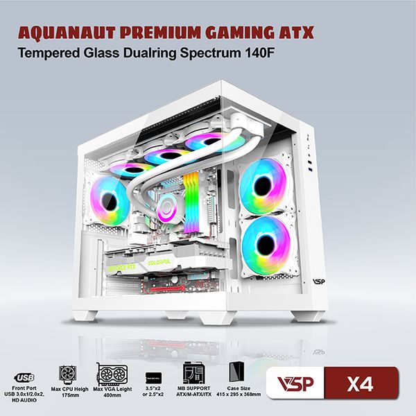 CASE VSP X4 AQUANAUT PREMIUM GAMING ATX TRẮNG NEW ( KHÔNG KÈM FAN)