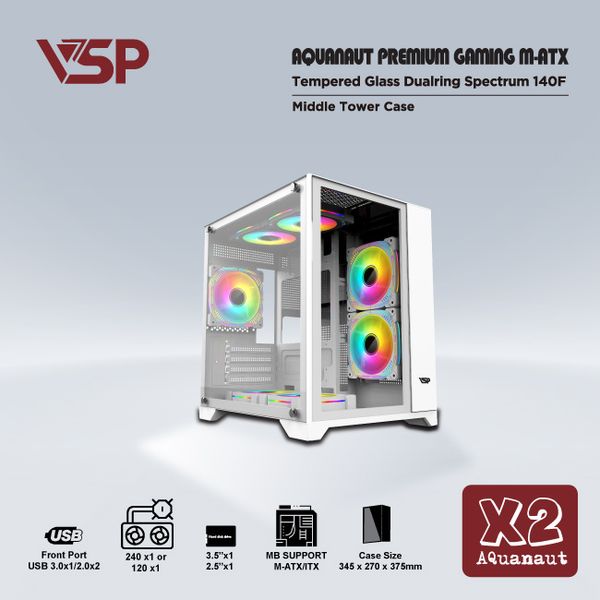 CASE VSP X2 AQUANAUT PREMIUM GAMING M-ATX TRẮNG NEW ( KHÔNG KÈM FAN)