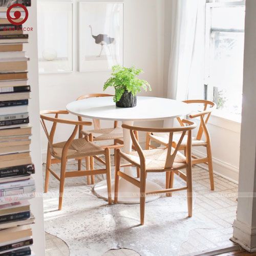 BA-09 Bộ Bàn Ăn B-15 và 4 Ghế Wishbone Cao Su Đan Dây