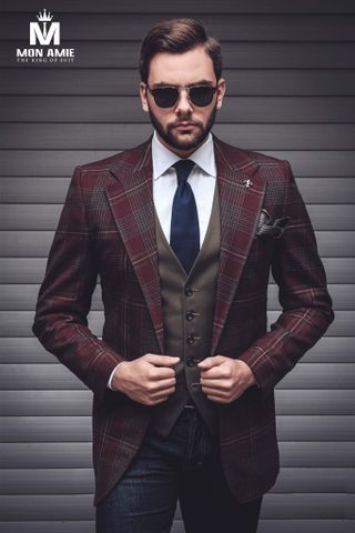 Áo Khoác Blazer Nam Nâu Caro  - Cổ Ve Xuôi  - 1 Nút  - S7