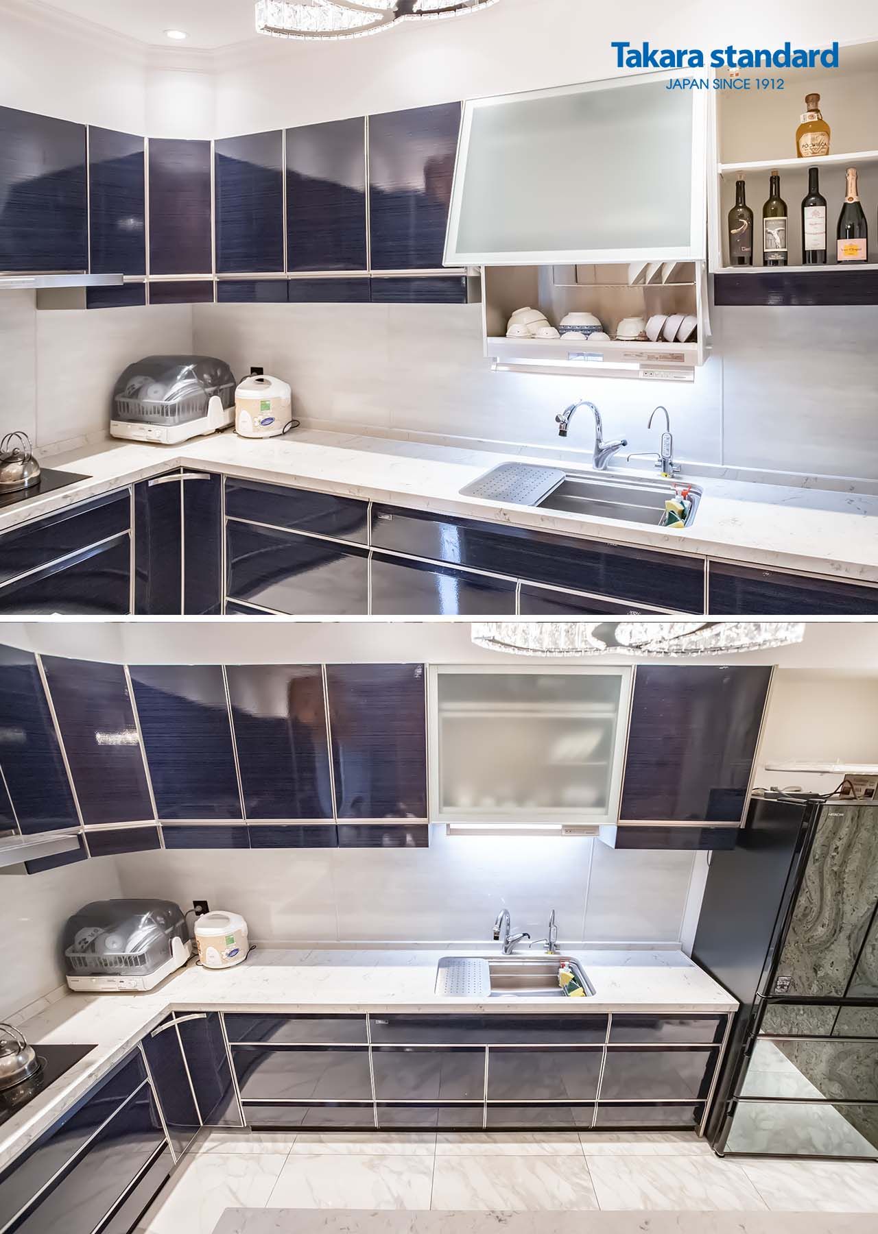 Biệt thự Lakeview Quận 2 - Tủ Bếp Thép Tráng Men Kính Cao Cấp LEMURE màu LUN (Vân gốm xanh Nhật)