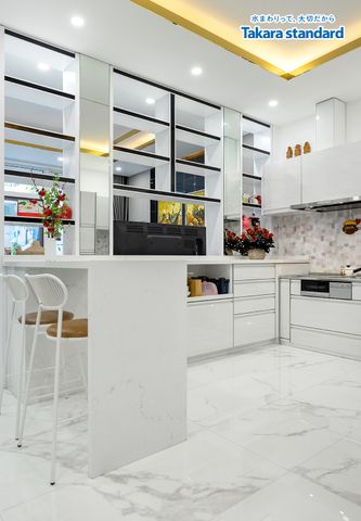 Hệ Tủ Bếp Cao Cấp Treasia Chữ L Màu Trắng Vân Gỗ (VBW) - Nhà Phố Q. Phú Nhuận
