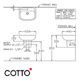  Chậu Lavabo COTTO C0141/C4241 Brio Chân Ngắn 