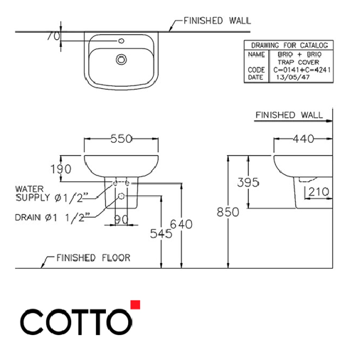  Chậu Lavabo COTTO C0141/C4241 Brio Chân Ngắn 