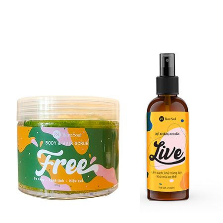 Combo Muối tắm gội BareSoul Free Body & Hair Scrub 300g + Xịt kháng khuẩn LIVE 100ml