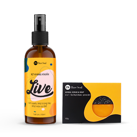 Combo Xịt kháng khuẩn LIVE 100ml + Bánh xà phòng BareSoul Herbal Scrub & Soap 100g