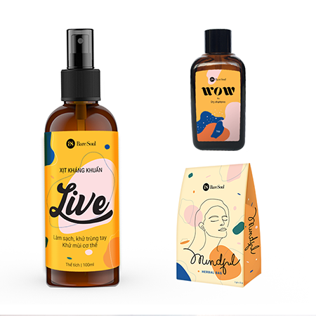 Combo Xịt kháng khuẩn đa năng BareSoul LIVE 100ml + Dầu gội khô BareSoul WOW Dry Shampoo 50g + Mindful Herbal Bag