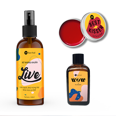 Combo Xịt kháng khuẩn LIVE 100ml + Dầu gội khô BareSoul Wow Dry Shampoo 50g + Son dưỡng Best Kisser Lip Tint & Cheek 10g
