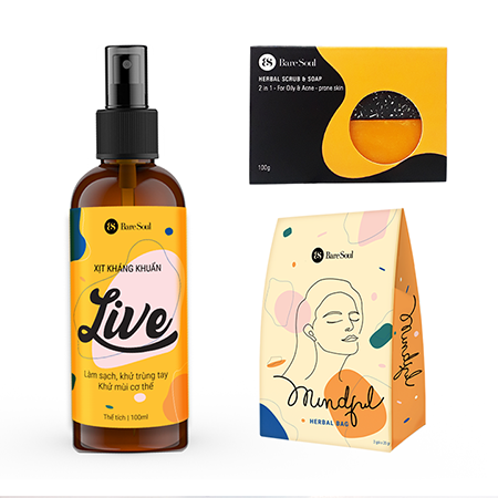 Combo Xịt kháng khuẩn đa năng BareSoul LIVE 100ml + Bánh xà phòng BareSoul Herbal Scrub & Soap giảm mụn và thâm cơ thể 100g + Mindful Herbal Bag