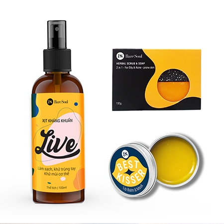 Combo Xịt kháng khuẩn BareSoul LIVE 100ml + Xà phòng Herbal Scrub & Soap 100g +Son dưỡng Best Kisser Lip Balm & Mask 10g