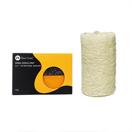 Combo bánh xà phòng giảm mụn BareSoul Herbal Scrub & Soap 100g + Xơ mướp