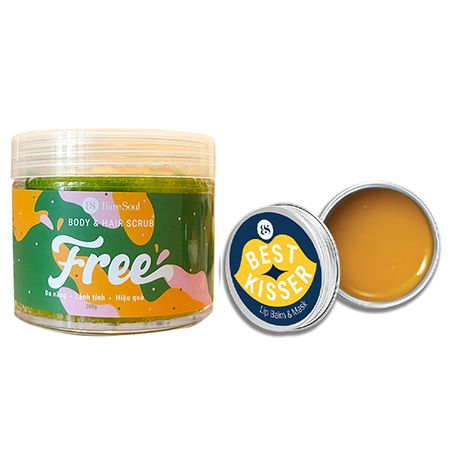 Combo Muối tắm gội BareSoul Free Body-Hair Scrub 300g + Son dưỡng không màu BareSoul Best Kisser Lip Balm & Mask hộp 10g