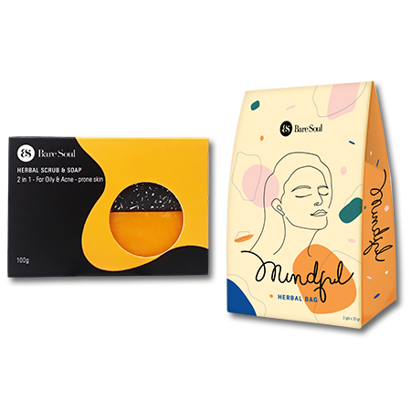 Combo Bánh xà phòng BareSoul Herbal Scrub & Soap giảm mụn và thâm cơ thể 100g + Túi thảo mộc Mindful Herbal Bag